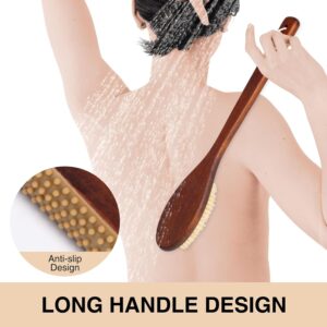 Long curved wooden handle bath brush with boar bristles for body massage and daily back cleaning