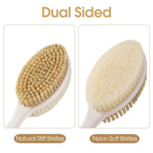 Long handle back scrubber with soft bristles and non-slip grip for body cleaning and shower use