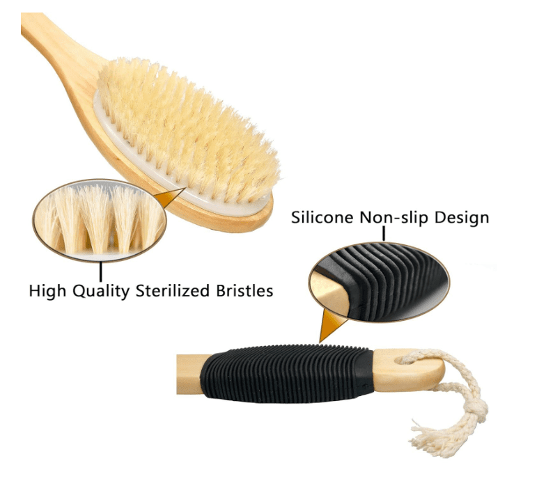 Wooden long handle body brush with natural boar bristles for dry brushing, exfoliation, and full body skincare routine
