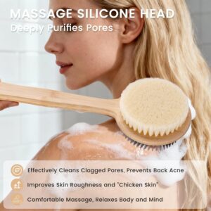 Double-sided long handle shower brush with soft bristles for gentle body cleansing and exfoliation