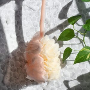 Soft mesh loofah body scrubber for back cleaning and gentle exfoliation in shower