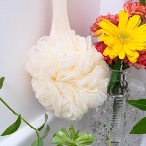 Long handle wooden body scrubber with soft mesh loofah sponge for back cleaning and shower use