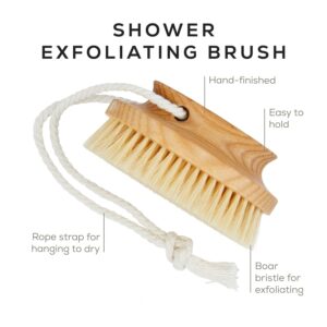 Wooden body brush with pig bristles and rope for dry skin exfoliation and cellulite care