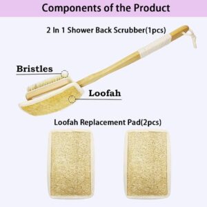 Long handle wooden body brush with bristles and removable loofah pad for exfoliating and cleansing skin