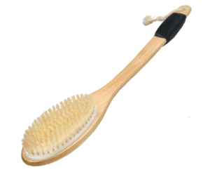 Wooden long handle body brush with natural boar bristles for dry brushing, exfoliation, and full body skincare routine
