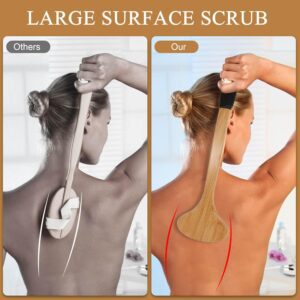Double-sided bamboo body brush with long handle and bristles for exfoliation, cellulite care, and back cleaning