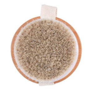 Round handheld body brush with boar bristles and strap for dry brushing and shower exfoliation