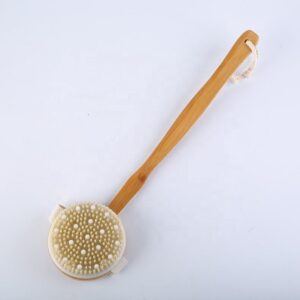 Detachable bamboo back brush with stiff and soft bristles for exfoliating and cleaning the body in shower