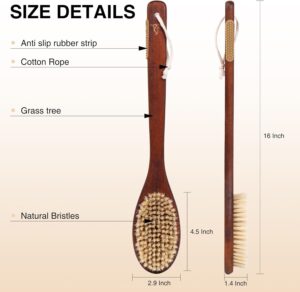 Long curved wooden handle bath brush with boar bristles for body massage and daily back cleaning