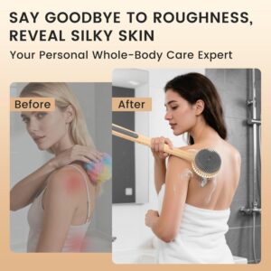 Double-sided long handle shower brush with soft bristles for gentle body cleansing and exfoliation