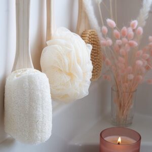 Long handle wooden body scrubber with soft mesh loofah sponge for back cleaning and shower use