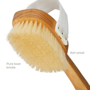 Long handle beechwood bath brush with bristles for back cleaning and body massage in shower
