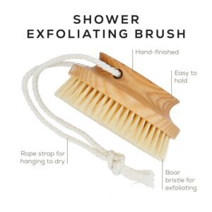 Wooden body brush with pig bristles and rope for dry skin exfoliation and cellulite care