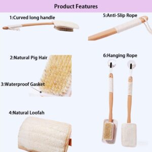 Long handle wooden body brush with bristles and removable loofah pad for exfoliating and cleansing skin