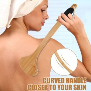 Double-sided bamboo body brush with long handle and bristles for exfoliation, cellulite care, and back cleaning