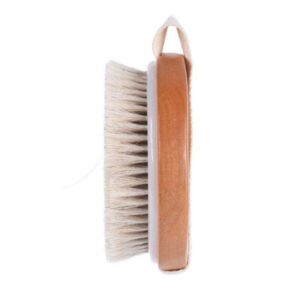 Round handheld body brush with boar bristles and strap for dry brushing and shower exfoliation