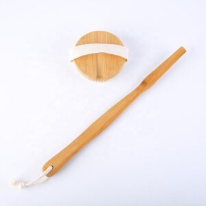 Detachable bamboo back brush with stiff and soft bristles for exfoliating and cleaning the body in shower