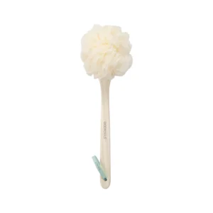 Long handle wooden body scrubber with soft mesh loofah sponge for back cleaning and shower use
