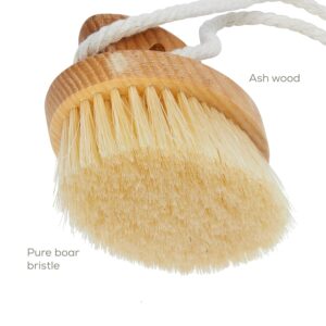 Wooden body brush with pig bristles and rope for dry skin exfoliation and cellulite care