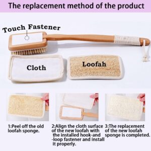 Long handle wooden body brush with bristles and removable loofah pad for exfoliating and cleansing skin