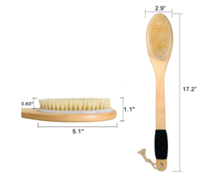 Wooden long handle body brush with natural boar bristles for dry brushing, exfoliation, and full body skincare routine