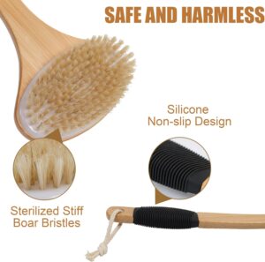 Double-sided bamboo body brush with long handle and bristles for exfoliation, cellulite care, and back cleaning