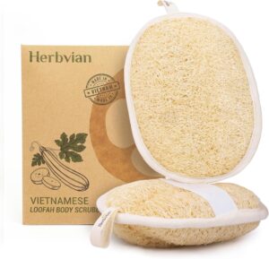 Natural loofah body scrubber pad with hand strap for exfoliating and cleaning skin in shower