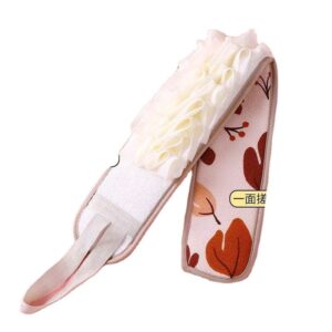 Long exfoliating back scrubber strap with loofah and handles for body cleansing in shower