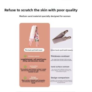 Long exfoliating back scrubber strap with loofah and handles for body cleansing in shower