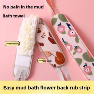Long exfoliating back scrubber strap with loofah and handles for body cleansing in shower