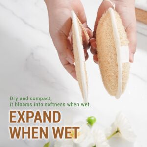 Natural loofah body scrubber pad with hand strap for exfoliating and cleaning skin in shower