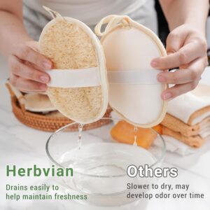 Natural loofah body scrubber pad with hand strap for exfoliating and cleaning skin in shower
