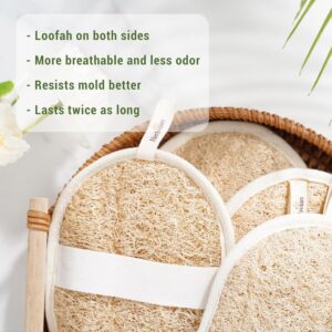 Natural loofah body scrubber pad with hand strap for exfoliating and cleaning skin in shower