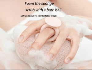 Bath sponge with suction cup handle for exfoliating and body cleaning in shower