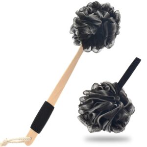 Long handle bath brush with mesh loofah sponge for back cleaning and exfoliating in shower