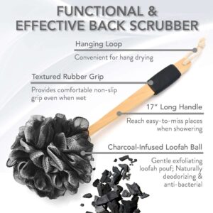Long handle bath brush with mesh loofah sponge for back cleaning and exfoliating in shower