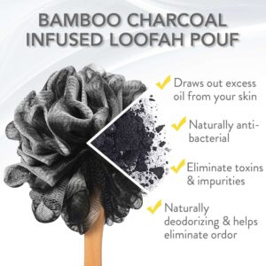 Long handle bath brush with mesh loofah sponge for back cleaning and exfoliating in shower