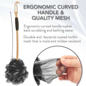 Long handle bath brush with mesh loofah sponge for back cleaning and exfoliating in shower