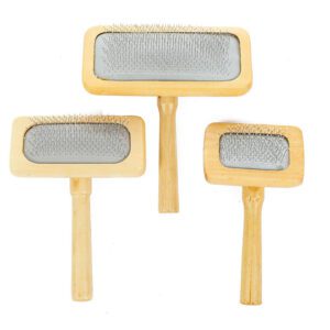 wooden handle pet grooming brush with fine metal pins for dog and cat hair