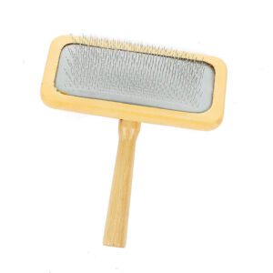 wooden handle pet grooming brush with fine metal pins for dog and cat hair
