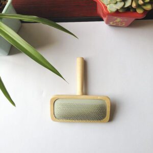 wooden handle pet grooming brush with fine metal pins for dog and cat hair