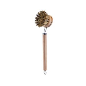 This long handle pot brush features a wooden head and natural sisal bristles, designed for scrubbing pots, pans, and kitchen surfaces. The firm fibers help remove grease and stubborn residue, while the handle provides better reach and control. Made with biodegradable materials, it offers a practical option for everyday cleaning. Suitable for household use and wholesale dish brush supply.