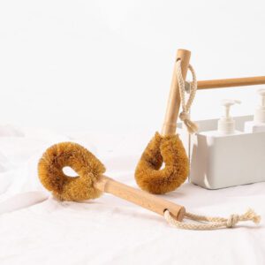 Beech wood handle cleaning brush with coconut fiber bristles for scrubbing bottles and kitchenware