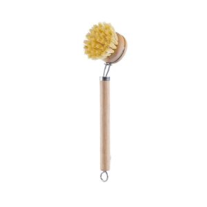This long handle pot brush features a wooden head and natural sisal bristles, designed for scrubbing pots, pans, and kitchen surfaces. The firm fibers help remove grease and stubborn residue, while the handle provides better reach and control. Made with biodegradable materials, it offers a practical option for everyday cleaning. Suitable for household use and wholesale dish brush supply.