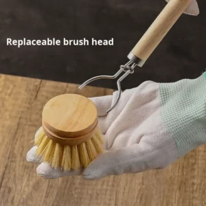 Long handle kitchen brush with wooden head and sisal bristles for scrubbing pots and dishes