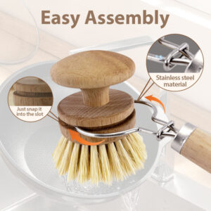 eco-friendly beech wood dish brush with replaceable sisal bristle head for kitchen cleaning