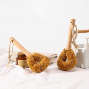 Beech wood handle cleaning brush with coconut fiber bristles for scrubbing bottles and kitchenware