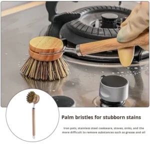 Long handle kitchen brush with wooden head and sisal bristles for scrubbing pots and dishes