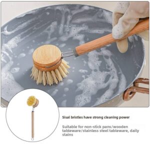 Long handle kitchen brush with wooden head and sisal bristles for scrubbing pots and dishes