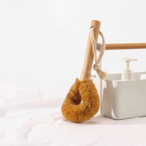 Beech wood handle cleaning brush with coconut fiber bristles for scrubbing bottles and kitchenware